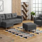 Komplet wypoczynkowy Manstad narożnik lewy L-kształtny, fotel i pufa ciemnoszara plecionka