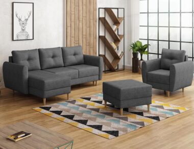 Komplet wypoczynkowy Manstad narożnik lewy L-kształtny, fotel i pufa ciemnoszara plecionka