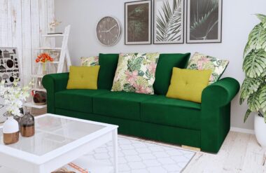 Kanapa z funkcją spania Sofia z pojemnikiem na pościel butelkowa zieleń welur