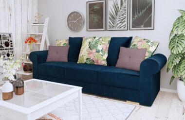 Kanapa z funkcją spania Sofia z pojemnikiem na pościel granatowy welur