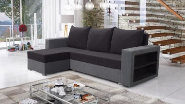 Narożnik z funkcją spania Madras lewy L-kształtny z pojemnikiem na pościel czarno-szary plusz