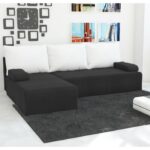 Narożnik z funkcją spania Mini lewy L-kształtny z pojemnikiem na pościel czarno-biały plusz