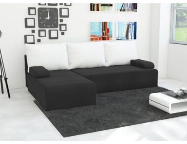 Narożnik z funkcją spania Mini lewy L-kształtny z pojemnikiem na pościel czarno-biały plusz