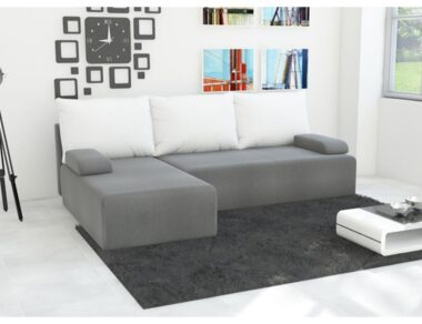 Narożnik z funkcją spania Mini lewy L-kształtny z pojemnikiem na pościel szaro-biały plusz