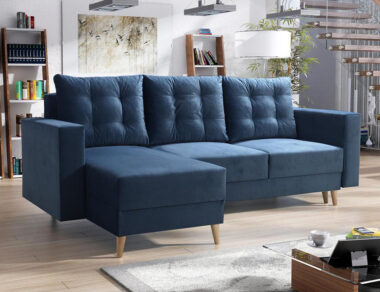 Narożnik z funkcją spania Bergen uniwersalny L-kształtny z pojemnikiem na pościel granatowy welur