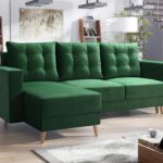 Narożnik z funkcją spania Bergen uniwersalny L-kształtny z pojemnikiem na pościel butelkowa zieleń welur