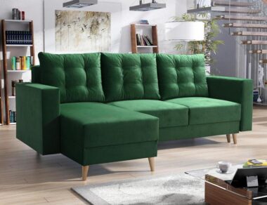 Narożnik z funkcją spania Bergen uniwersalny L-kształtny z pojemnikiem na pościel butelkowa zieleń welur