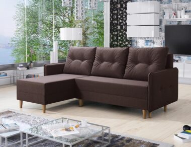 Narożnik z funkcją spania Fern lewy L-kształtny z pojemnikiem na pościel brązowa plecionka