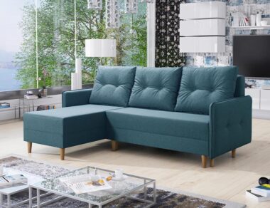 Narożnik z funkcją spania Fern lewy L-kształtny z pojemnikiem na pościel turkusowa plecionka