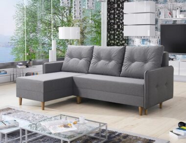 Narożnik z funkcją spania Fern lewy L-kształtny z pojemnikiem na pościel jasnoszara plecionka