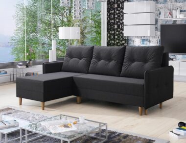 Narożnik z funkcją spania Fern lewy L-kształtny z pojemnikiem na pościel grafitowa plecionka