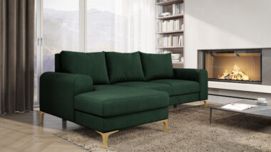 Narożnik z funkcją spania Instra lewy L-kształtny z pojemnikiem na pościel butelkowa zieleń welur