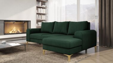 Narożnik z funkcją spania Instra prawy L-kształtny z pojemnikiem na pościel butelkowa zieleń welur