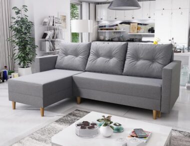 Narożnik z funkcją spania Ivar lewy L-kształtny z pojemnikiem na pościel jasnoszara plecionka