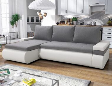 Narożnik z funkcją spania Manhattan lewy L-kształtny z pojemnikiem na pościel szara plecionka z białą ekoskórą