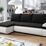 Narożnik z funkcją spania Manhattan lewy L-kształtny z pojemnikiem na pościel czarna plecionka z białą ekoskórą