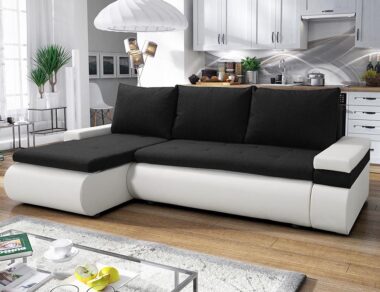 Narożnik z funkcją spania Manhattan lewy L-kształtny z pojemnikiem na pościel czarna plecionka z białą ekoskórą