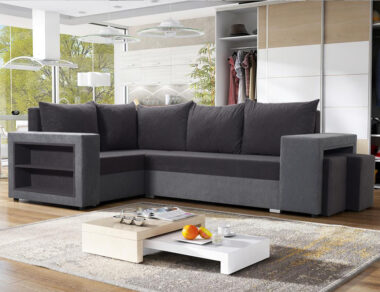 Narożnik z funkcją spania Milano lewy L-kształtny z pojemnikiem na pościel czarno-szary plusz