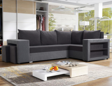 Narożnik z funkcją spania Milano prawy L-kształtny z pojemnikiem na pościel czarno-szary plusz