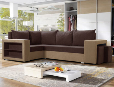 Narożnik z funkcją spania Milano lewy L-kształtny z pojemnikiem na pościel brązowo-beżowy plusz