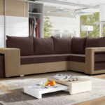 Narożnik z funkcją spania Milano prawy L-kształtny z pojemnikiem na pościel brązowo-beżowy plusz