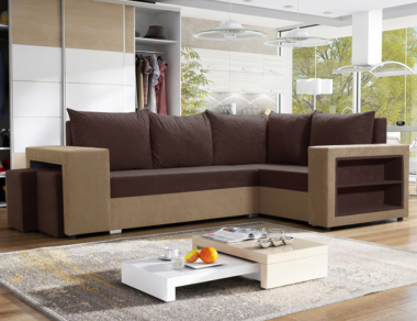 Narożnik z funkcją spania Milano prawy L-kształtny z pojemnikiem na pościel brązowo-beżowy plusz