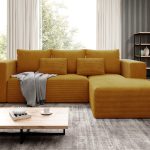 Narożnik z funkcją spania Stripes prawy L-kształtny z pojemnikiem na pościel musztardowy sztruks