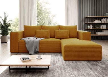 Narożnik z funkcją spania Stripes prawy L-kształtny z pojemnikiem na pościel musztardowy sztruks