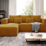 Narożnik z funkcją spania Stripes lewy L-kształtny z pojemnikiem na pościel musztardowy sztruks