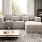 Narożnik z funkcją spania Stripes prawy L-kształtny z pojemnikiem na pościel kremowy sztruks