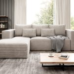 Narożnik z funkcją spania Stripes lewy L-kształtny z pojemnikiem na pościel kremowy sztruks