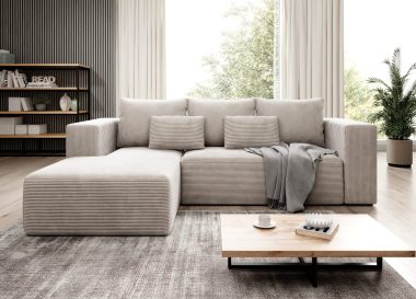 Narożnik z funkcją spania Stripes lewy L-kształtny z pojemnikiem na pościel kremowy sztruks