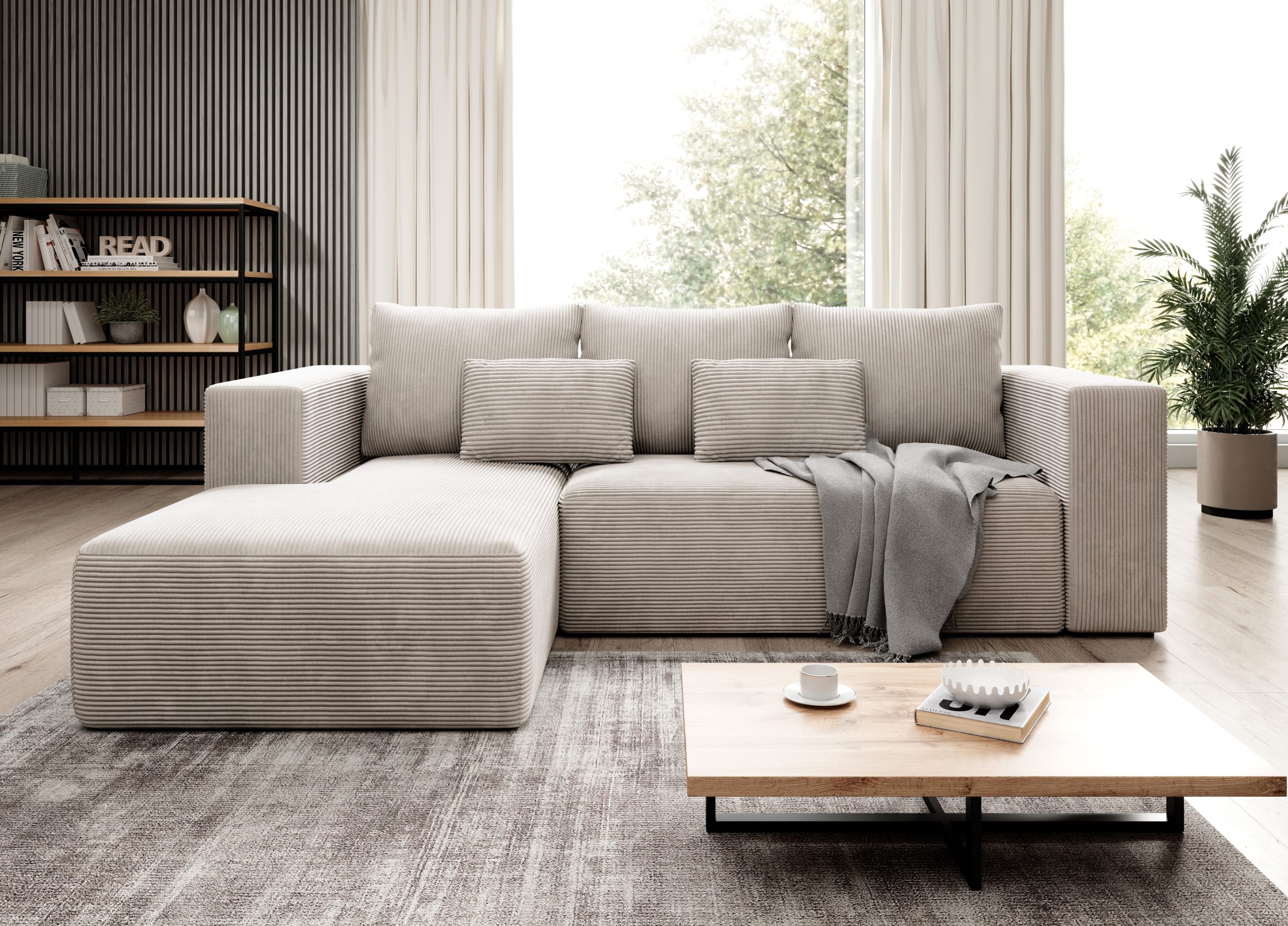 Narożnik z funkcją spania Stripes lewy L-kształtny z pojemnikiem na pościel kremowy sztruks