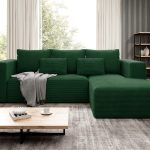 Narożnik z funkcją spania Stripes prawy L-kształtny z pojemnikiem na pościel butelkowa zieleń sztruks