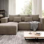 Narożnik z funkcją spania Stripes lewy L-kształtny z pojemnikiem na pościel beżowy sztruks