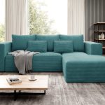 Narożnik z funkcją spania Stripes prawy L-kształtny z pojemnikiem na pościel turkusowy sztruks