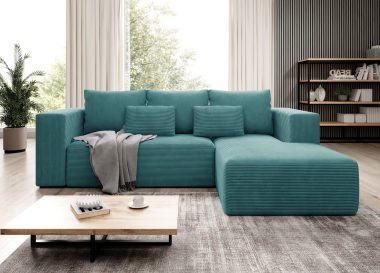 Narożnik z funkcją spania Stripes prawy L-kształtny z pojemnikiem na pościel turkusowy sztruks