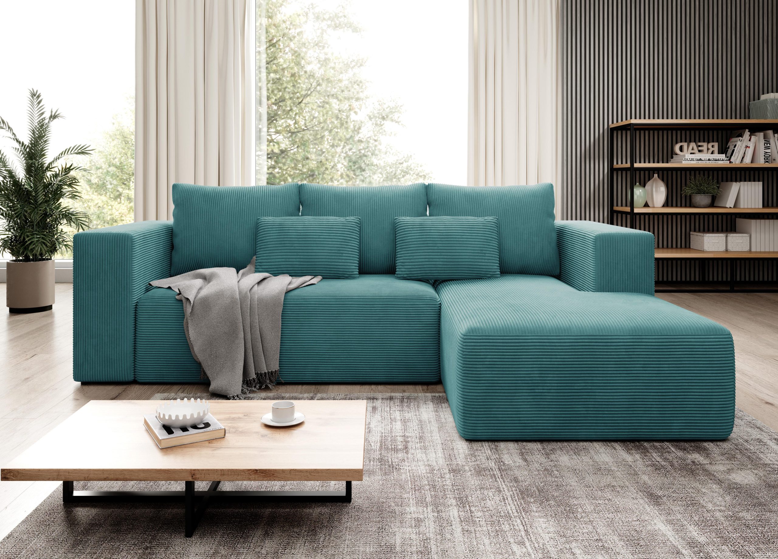 Narożnik z funkcją spania Stripes prawy L-kształtny z pojemnikiem na pościel turkusowy sztruks