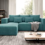 Narożnik z funkcją spania Stripes lewy L-kształtny z pojemnikiem na pościel turkusowy sztruks