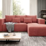 Narożnik z funkcją spania Stripes prawy L-kształtny z pojemnikiem na pościel różowy sztruks