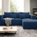 Narożnik z funkcją spania Stripes prawy L-kształtny z pojemnikiem na pościel granatowy sztruks