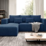 Narożnik z funkcją spania Stripes lewy L-kształtny z pojemnikiem na pościel granatowy sztruks