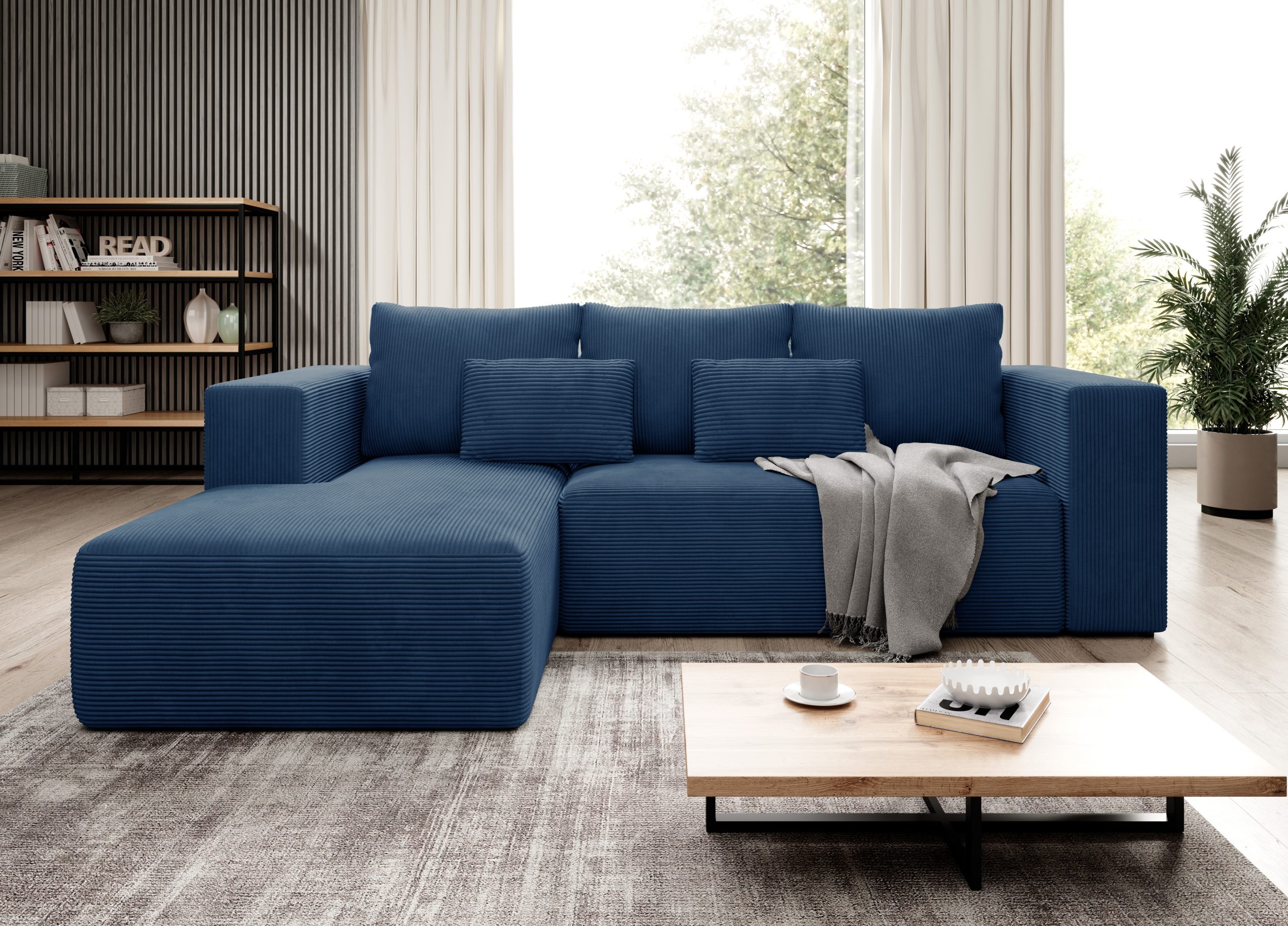 Narożnik z funkcją spania Stripes lewy L-kształtny z pojemnikiem na pościel granatowy sztruks