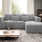 Narożnik z funkcją spania Stripes prawy L-kształtny z pojemnikiem na pościel szary sztruks