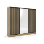 Szafa przesuwna Nubi 200 cm z lustrem i szufladami dąb artisan z czarnymi lamelami