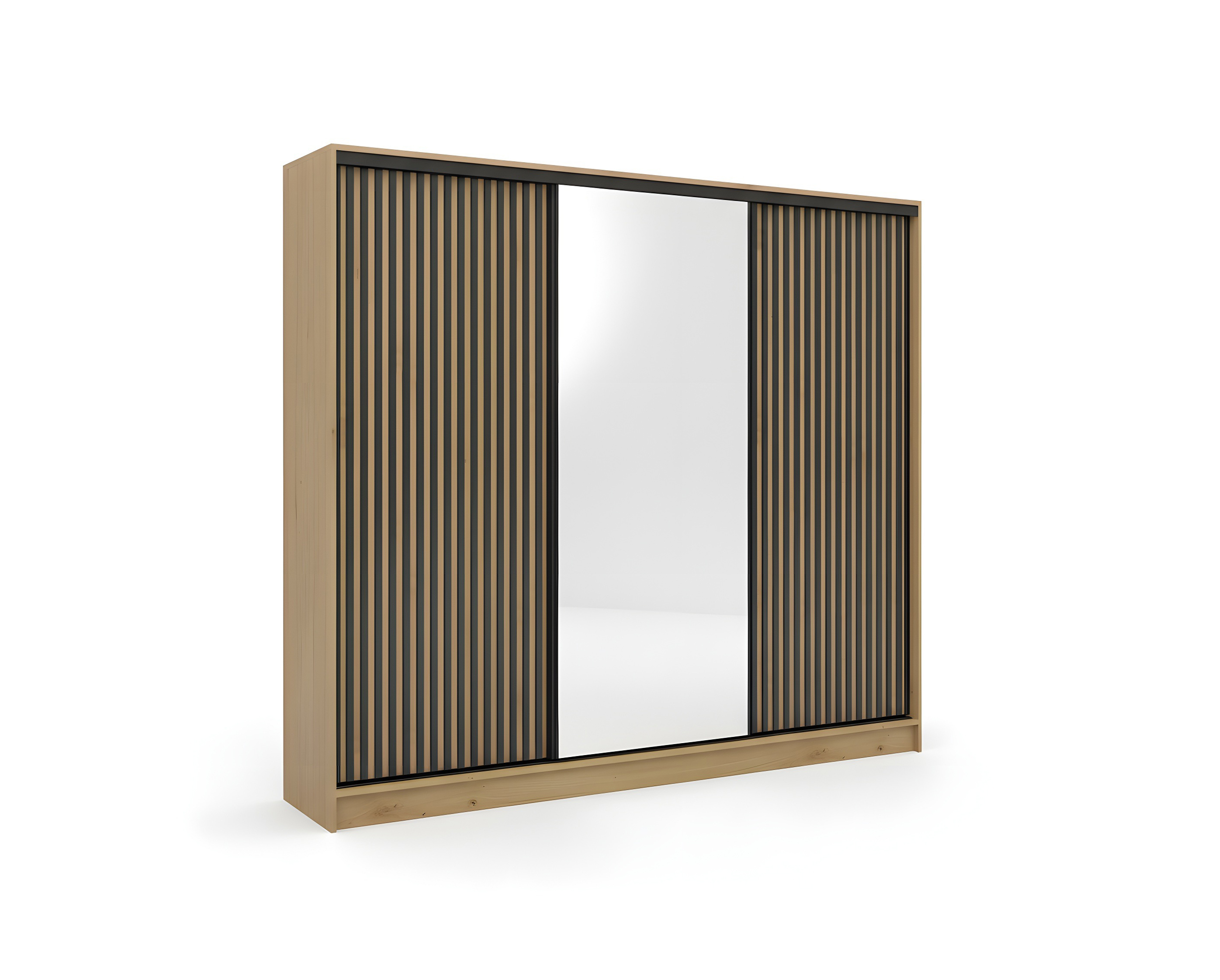Szafa przesuwna Nubi 200 cm z lustrem i szufladami dąb artisan z czarnymi lamelami