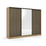 Szafa przesuwna Nubi 250 cm z lustrem i szufladami dąb artisan z czarnymi lamelami