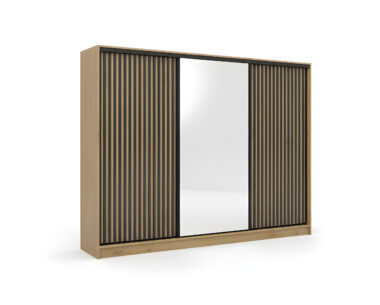 Szafa przesuwna Nubi 250 cm z lustrem dąb artisan z czarnymi lamelami