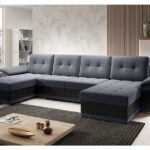 Narożnik z funkcją spania Enzo U-kształtny z pojemnikiem na pościel grafitowy z czarną ekoskórą