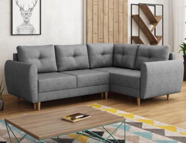 Narożnik z funkcją spania Manstad L prawy z pojemnikiem na pościel szara plecionka